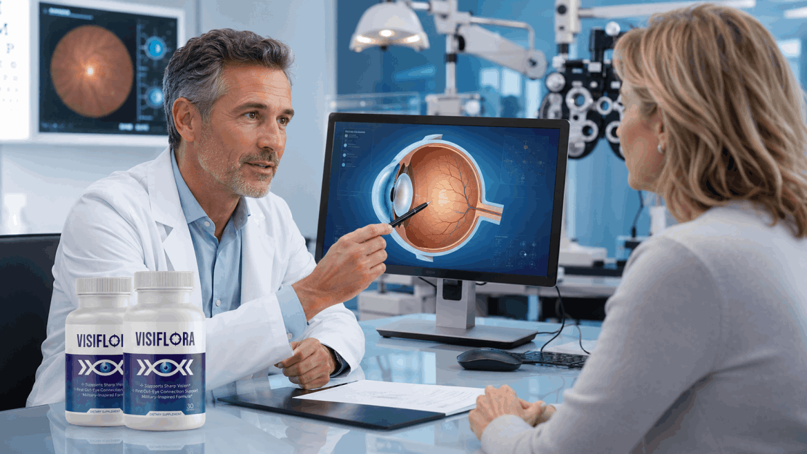 Eye doctor explaining vision wellness and eye health support with VisiFlora